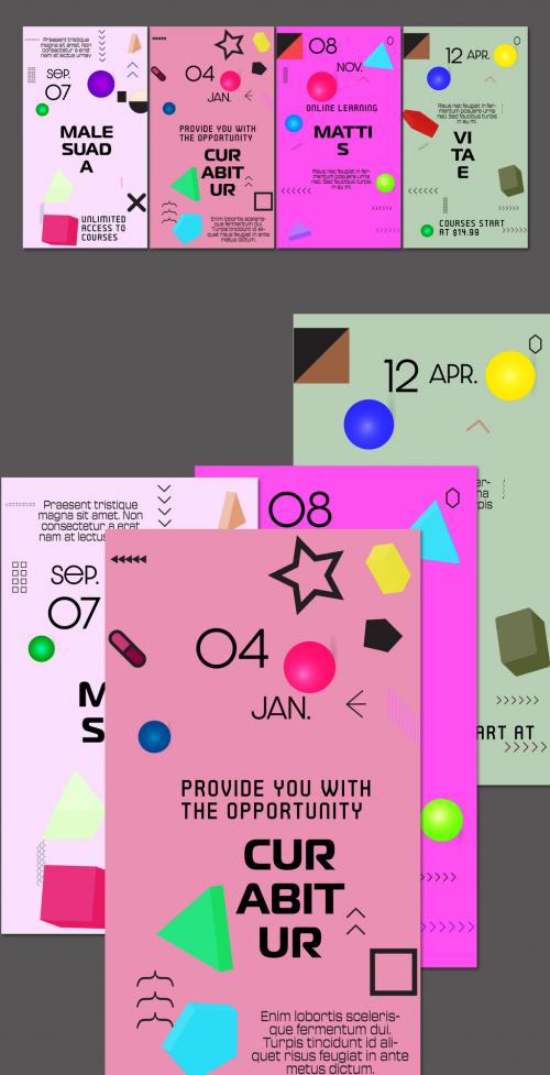 Social Media Post Layout in Memphis style with 3D Geometric Shapes 596427230