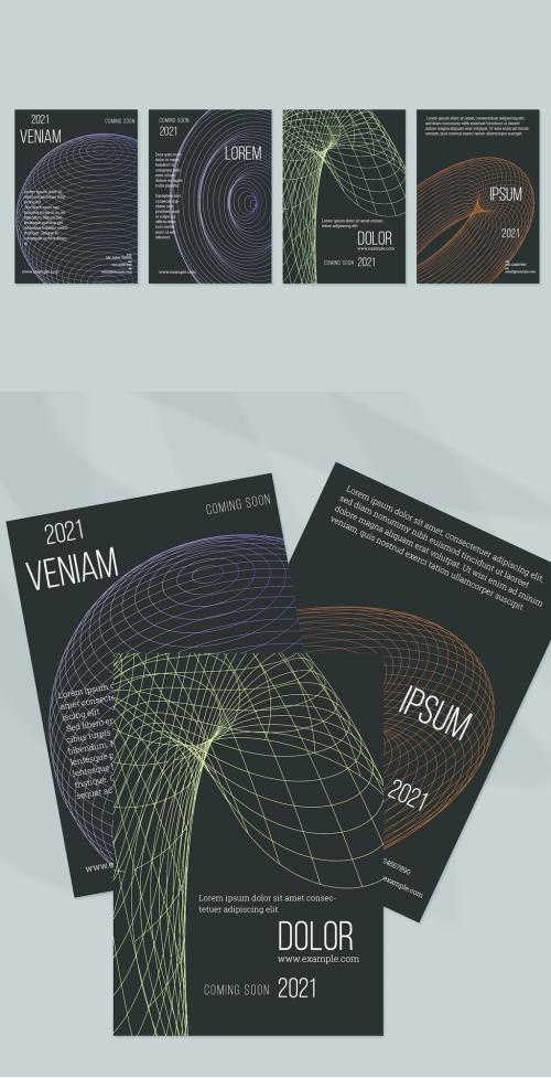 Striped Globe Vertical Flyer Layout Geometric Wireframe Shape on Black 366550252