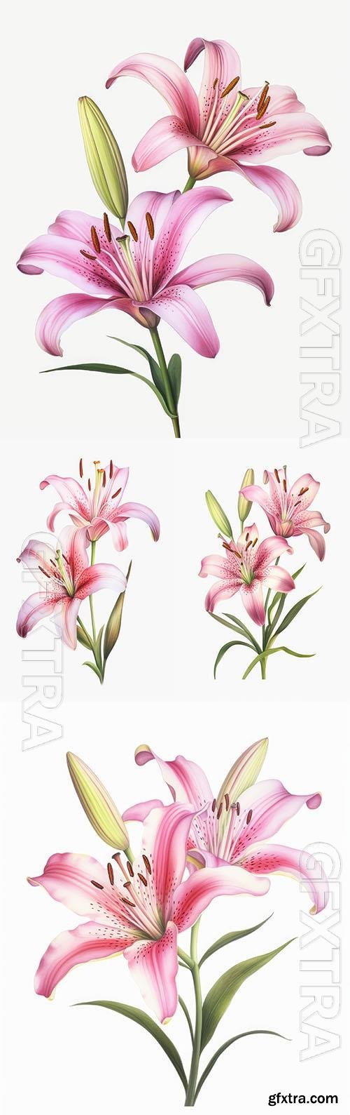 Photo picture of pink lily flowers on white background
