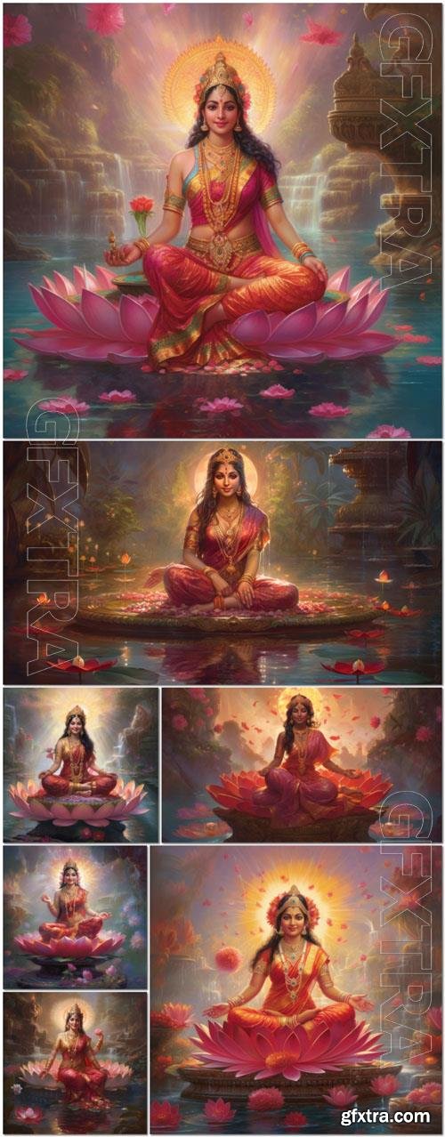 Photo cultural goddess laxmi smiling sitting on the lotus