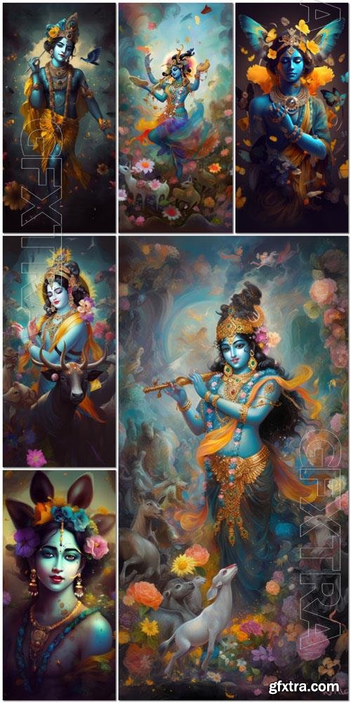 Photo close up of krishna god with flowers painting generative
