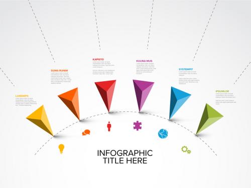 Timeline with six triangle arrow pointers on an arc line 588325859