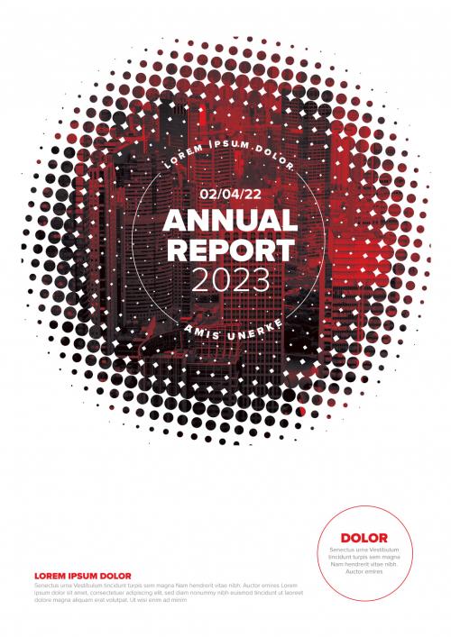 White annual report front cover page template with photo in halftone effect circle frame 586878079
