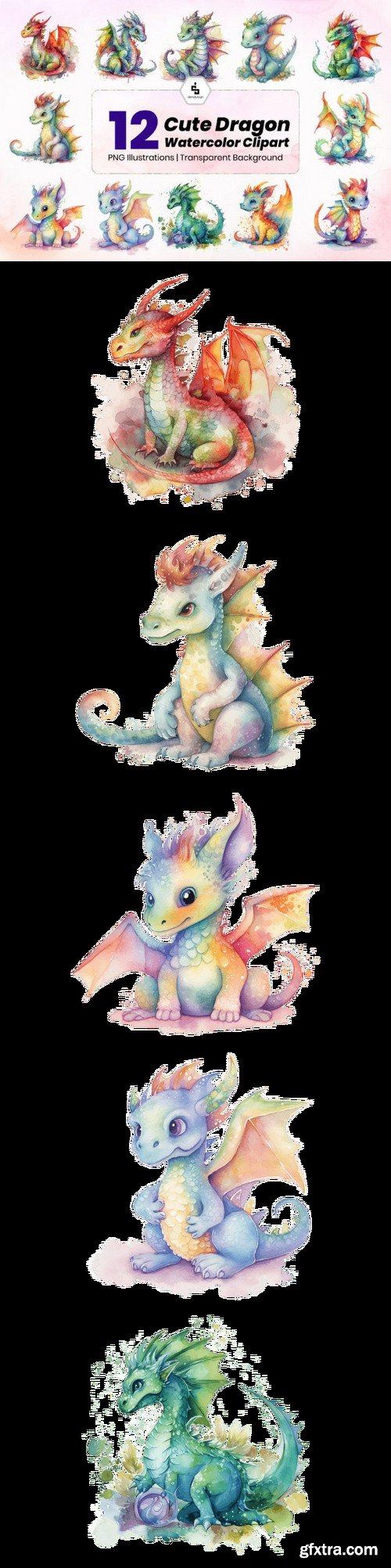 Cute Dragon Watercolor Clipart Bundle