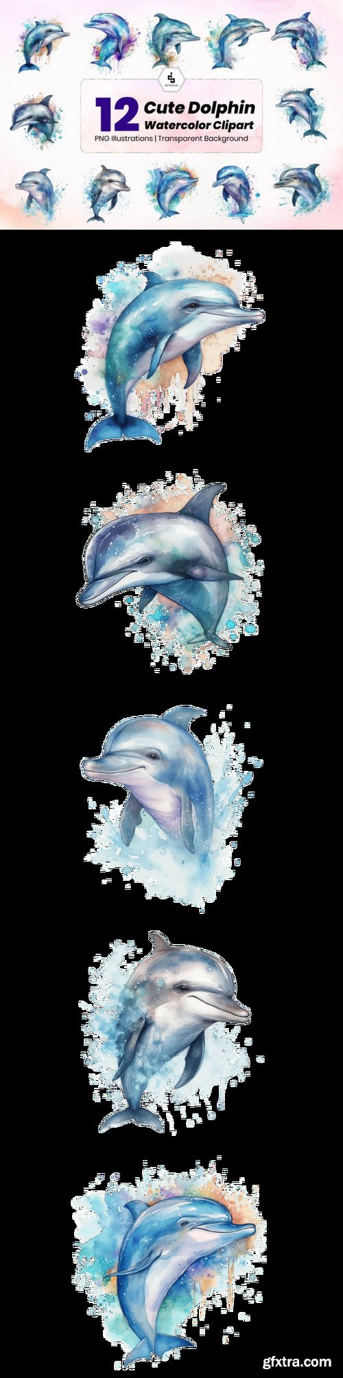 Cute Dolphin Watercolor Clipart Bundle