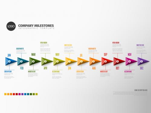 Full year timeline template with 12 month labels made from rainbow pyramid arrows 586878036