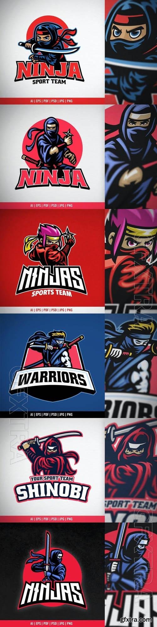 Ninja Mascot Set Hold the Shuriken Star Weapon 6xEPS