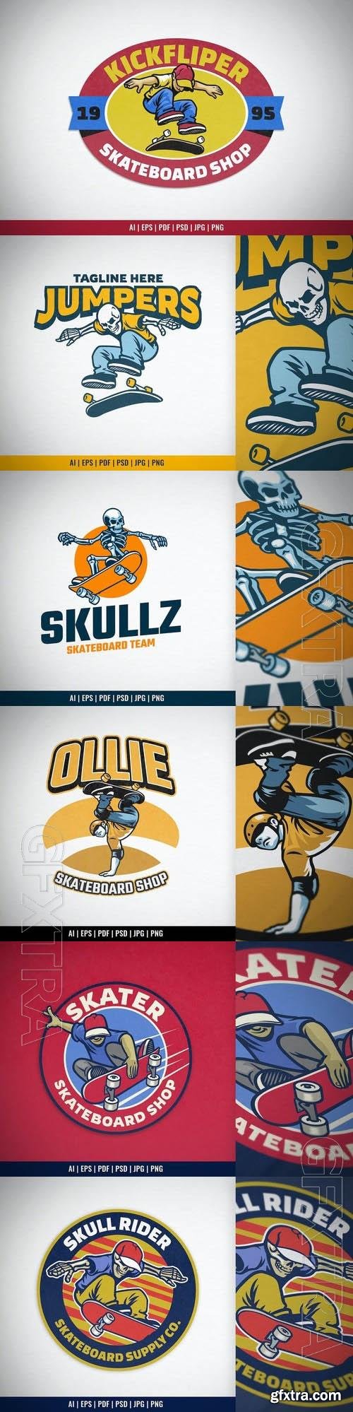 Jumping Skateboarder Logo Badge, Skull Skater 6xEPS