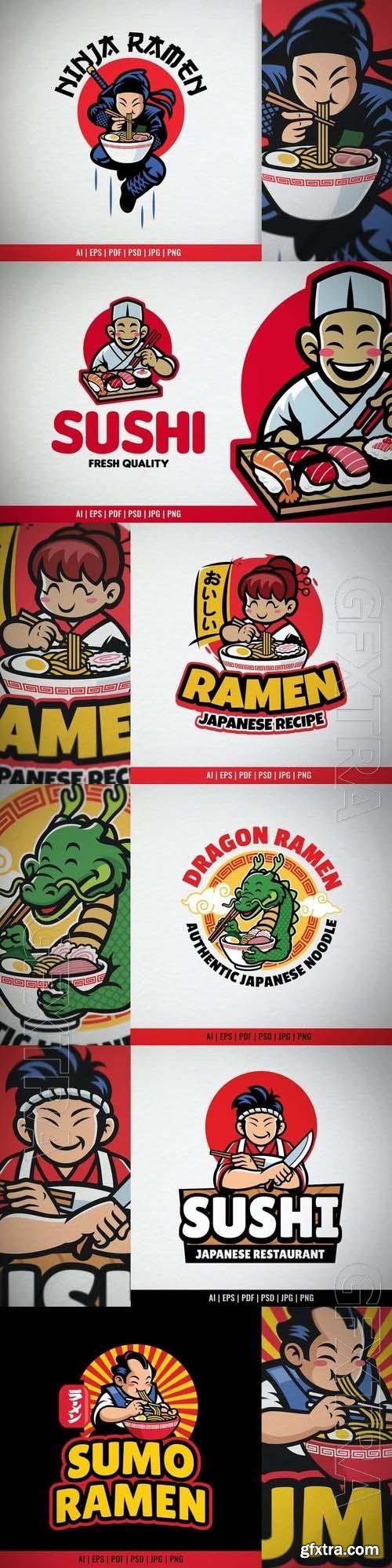 Cartoon sushi chef logo mascot, sumo ramen restaurant 6xEPS