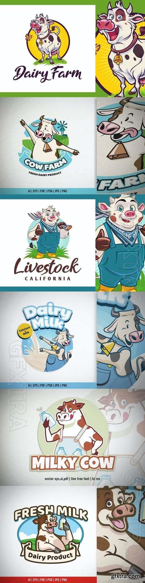 Cartoon Dairy Cow Label Logo 6xEPS