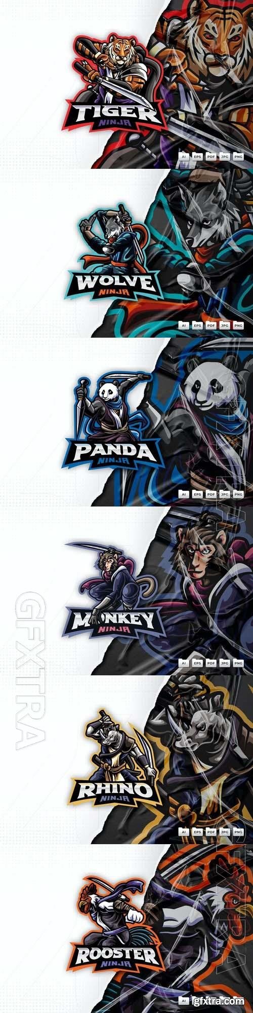 Tiger, chicken, monkey, panda, rhino, wolf ninja mascot logo design