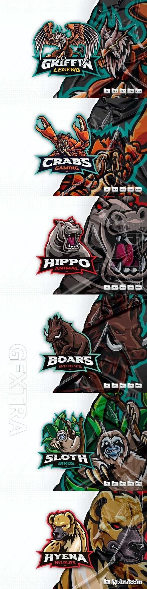 Sloth, hyena, hippo, griffin, crab, boar, mascot logo design 6xEPS