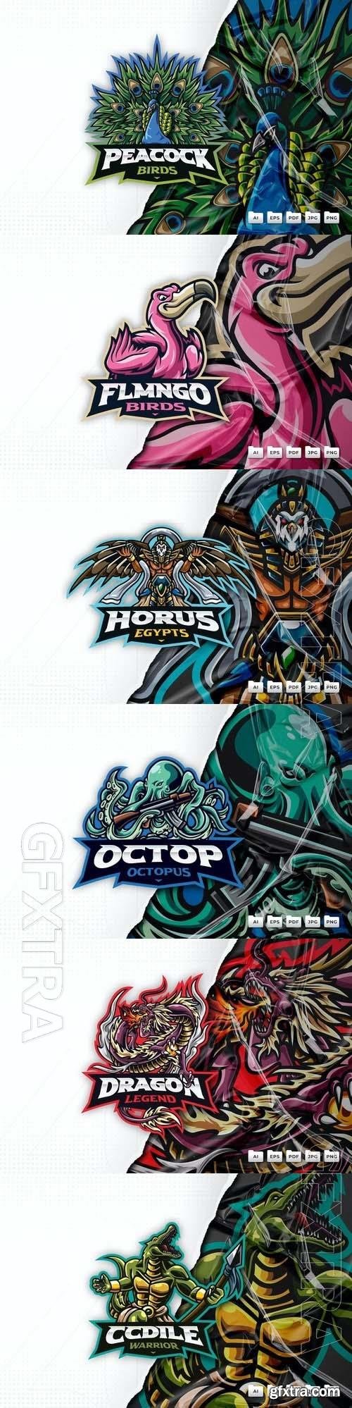 Peacock, octopus, horus, flamingo, dragon, crocodile, mascot logo design 6xEPS