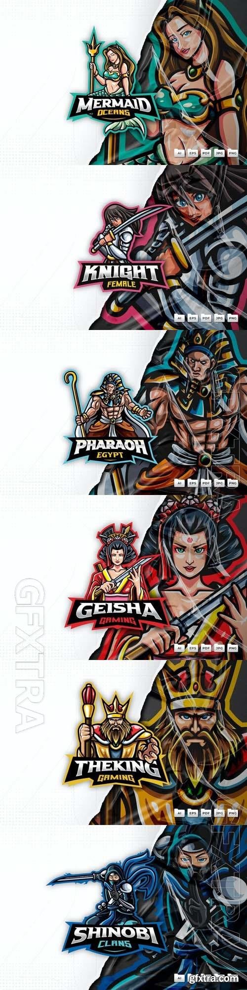 King, shinobi, pharaoh, mermaid, geisha, female knight, mascot logo design 6xEPS