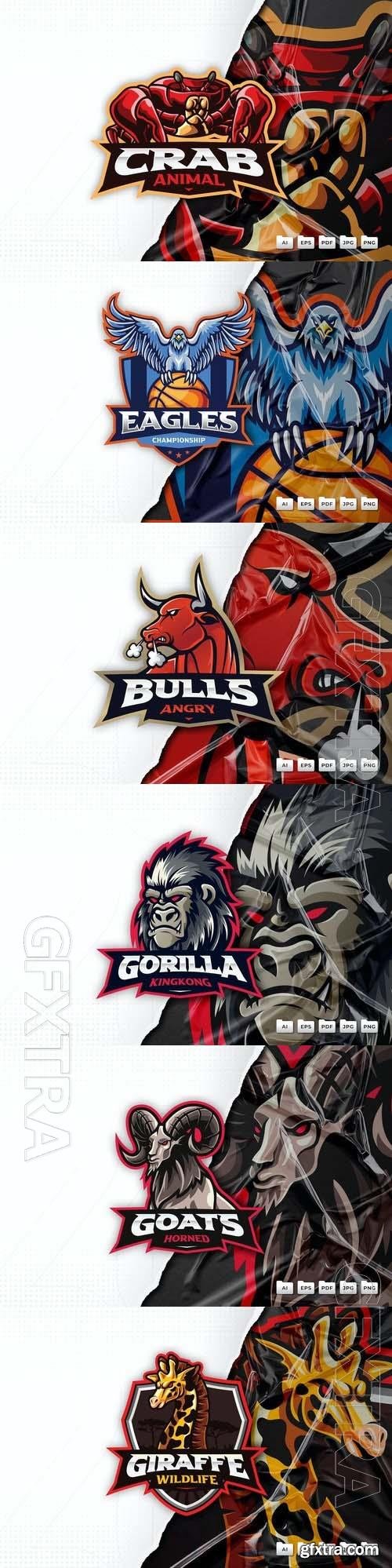 Gorilla, goat, giraffe, eagle, crab, bull, mascot logo design 6xEPS