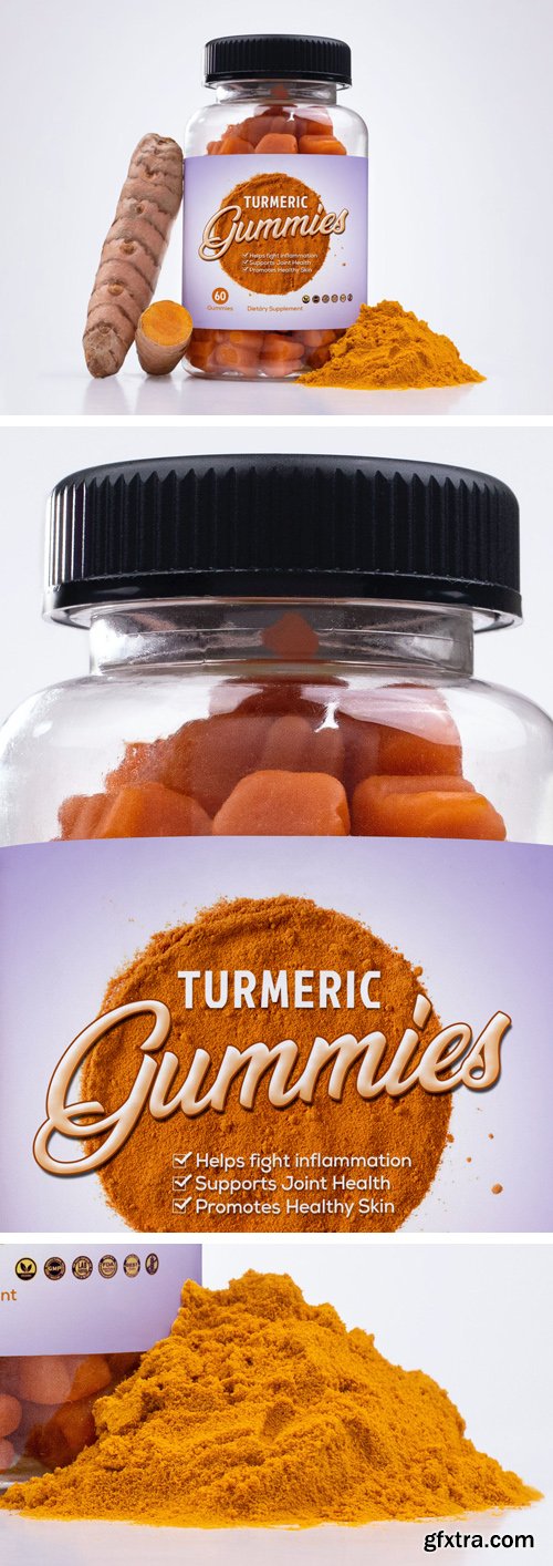 Turmeric Gummy Pieces in Plastic Bottle - PSD Mockup Template