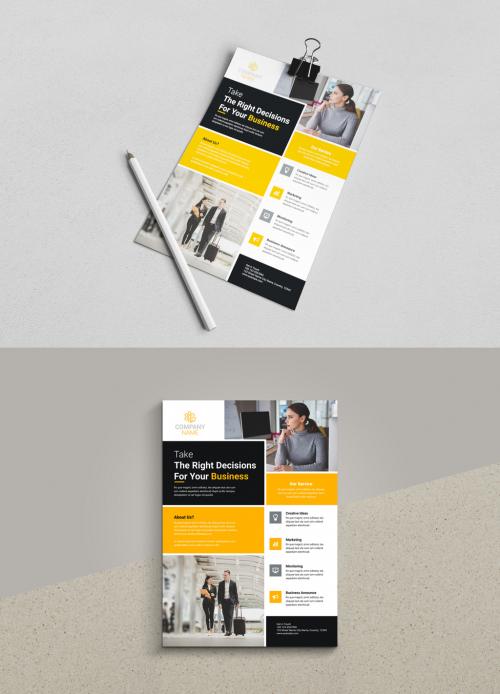 Corporate Flyer Layout with Graphic Elements and Orange Accents 580918051