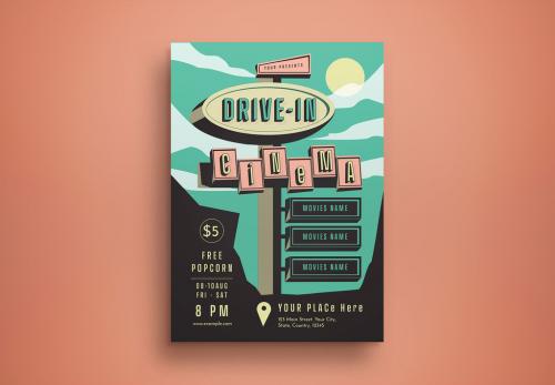 Blue Retro Drive-In Cinema Flyer Layout 580581053