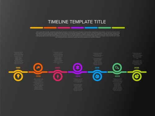 Seven circle steps simple timeline process infographic on dark background 581767555
