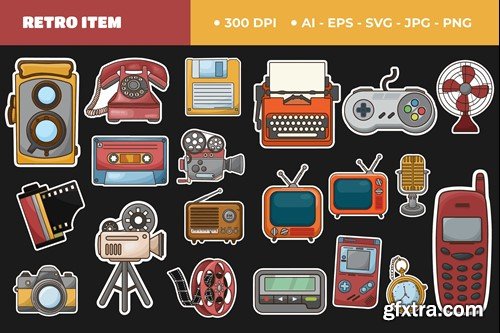 Retro Items Cute Sticker Set 9QKT68F Retro Items Cute Sticker Set 9QKT68F