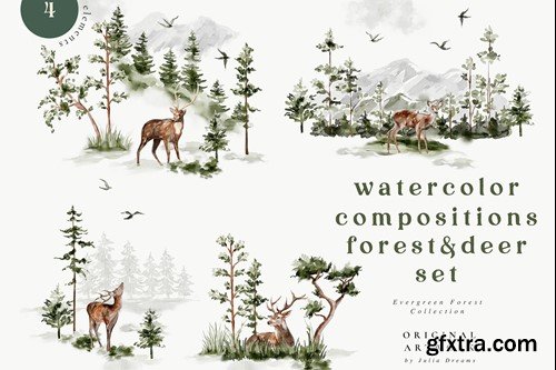 Evergreen Watercolor Forest Deer Compositions WF9G5FN Evergreen Watercolor Forest Deer Compositions WF9G5FN