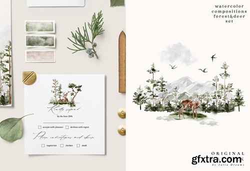 Evergreen Watercolor Forest Deer Compositions WF9G5FN Evergreen Watercolor Forest Deer Compositions WF9G5FN