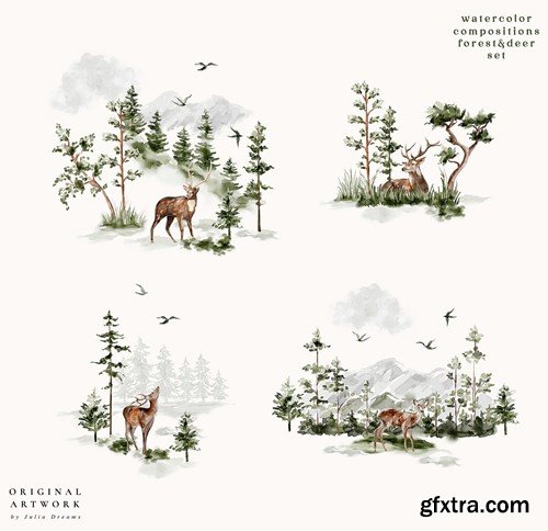 Evergreen Watercolor Forest Deer Compositions WF9G5FN Evergreen Watercolor Forest Deer Compositions WF9G5FN