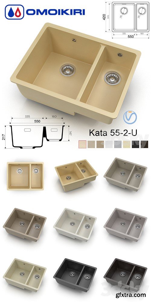 Kitchen sink - Omoikiri Kata 55-2-U (8 colors)