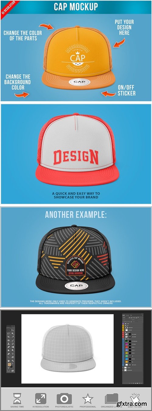 Snapback Truck Hat with Sticker Mockup Template WWZM9A9