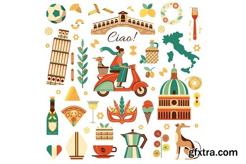 Italy Travel Design Elements Set in Retro Style ZQG2EYW Italy Travel Design Elements Set in Retro Style ZQG2EYW