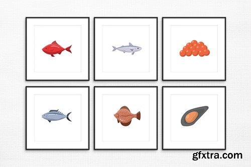 Flat Seafood Illustration Set QT8TTSP Flat Seafood Illustration Set QT8TTSP