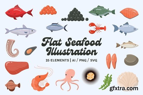 Flat Seafood Illustration Set QT8TTSP Flat Seafood Illustration Set QT8TTSP