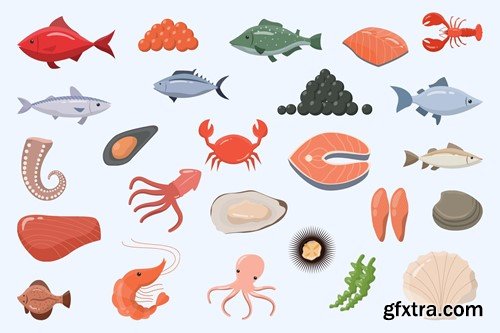 Flat Seafood Illustration Set QT8TTSP Flat Seafood Illustration Set QT8TTSP