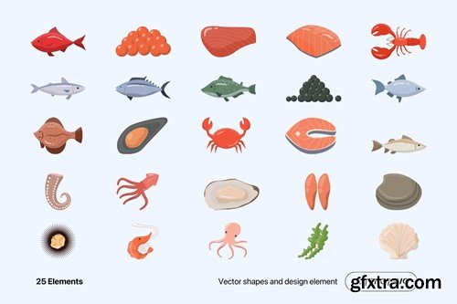 Flat Seafood Illustration Set QT8TTSP Flat Seafood Illustration Set QT8TTSP