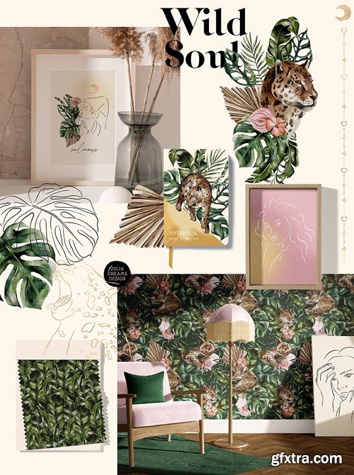 Wild Soul Tropical Leaves Gold Line Woman Portrait KR3C5KZ Wild Soul Tropical Leaves Gold Line Woman Portrait KR3C5KZ