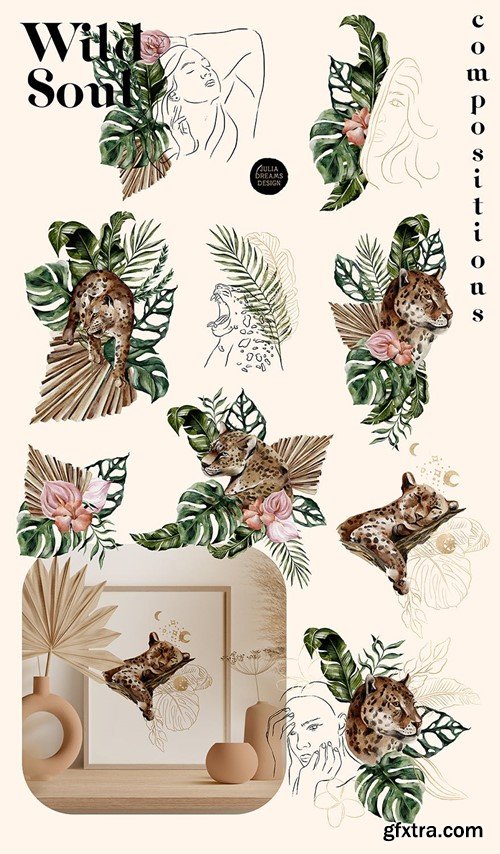 Wild Soul Tropical Leaves Gold Line Woman Portrait KR3C5KZ Wild Soul Tropical Leaves Gold Line Woman Portrait KR3C5KZ