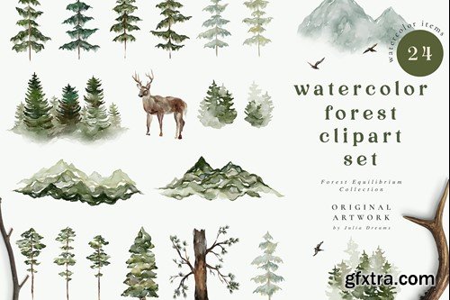 Watercolor Forest Deer Tree Clipart Set 6RGJ3MC Watercolor Forest Deer Tree Clipart Set 6RGJ3MC