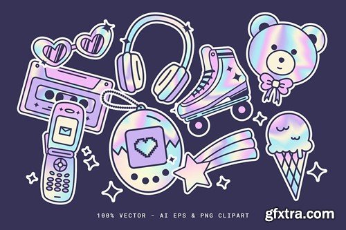 Y2K Holographic Stickers Illustrations Set VE64HT6