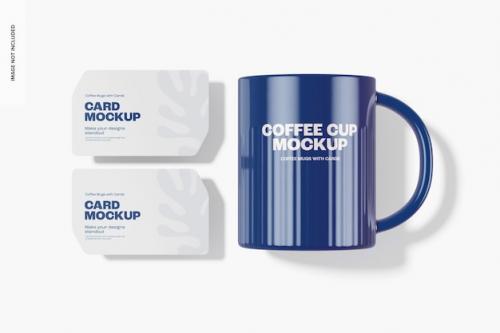 Premium PSD | Coffee cup with business cards mockup, top view Premium PSD