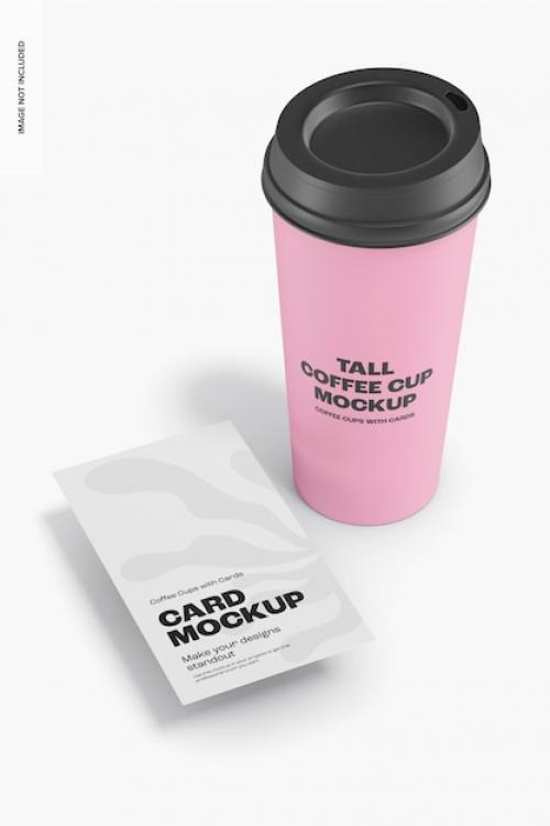 Premium PSD | Tall coffee cup with card mockup, perspective Premium PSD