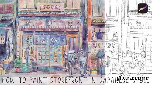 Japanese storefront in Japanese watercolor style in Procreate