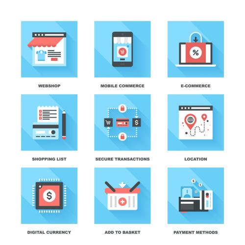 Vector set of flat digital commerce icons on following themes - webshop, mobile commerce, ecommerce, shopping list, secure transactions, navigation, digital money, add to basket, payment methods. 639916745