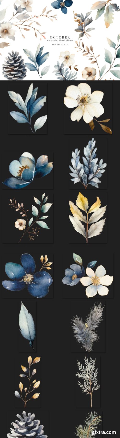 October Watercolor Floral Clipart Pack