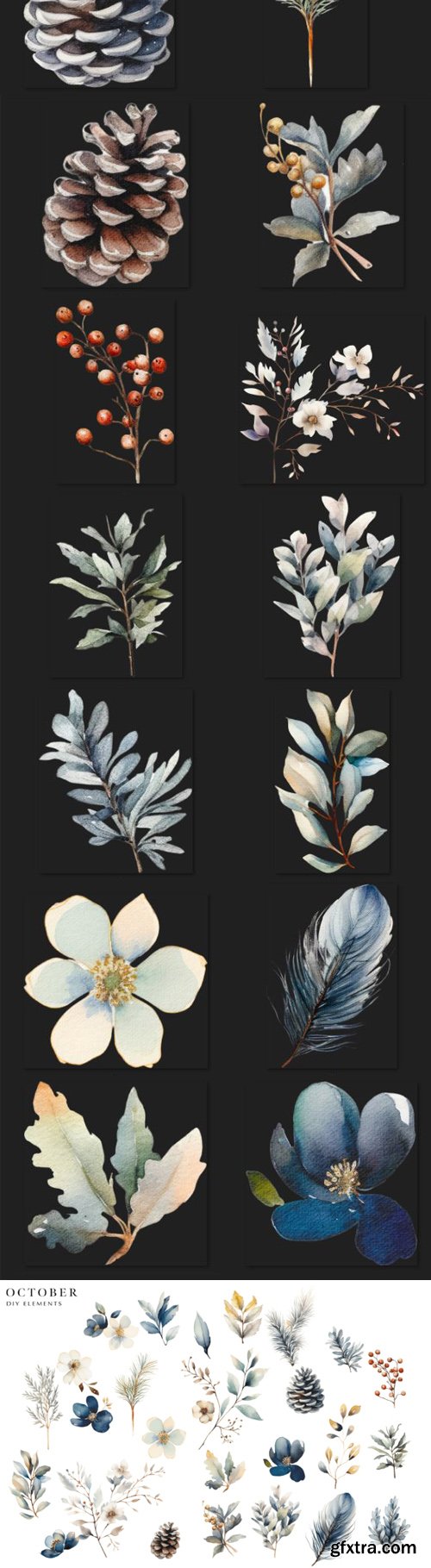 October Watercolor Floral Clipart Pack