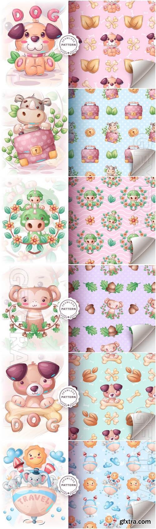 Seamless Vector Pattern Cartoon Animal Characters 6xEPS