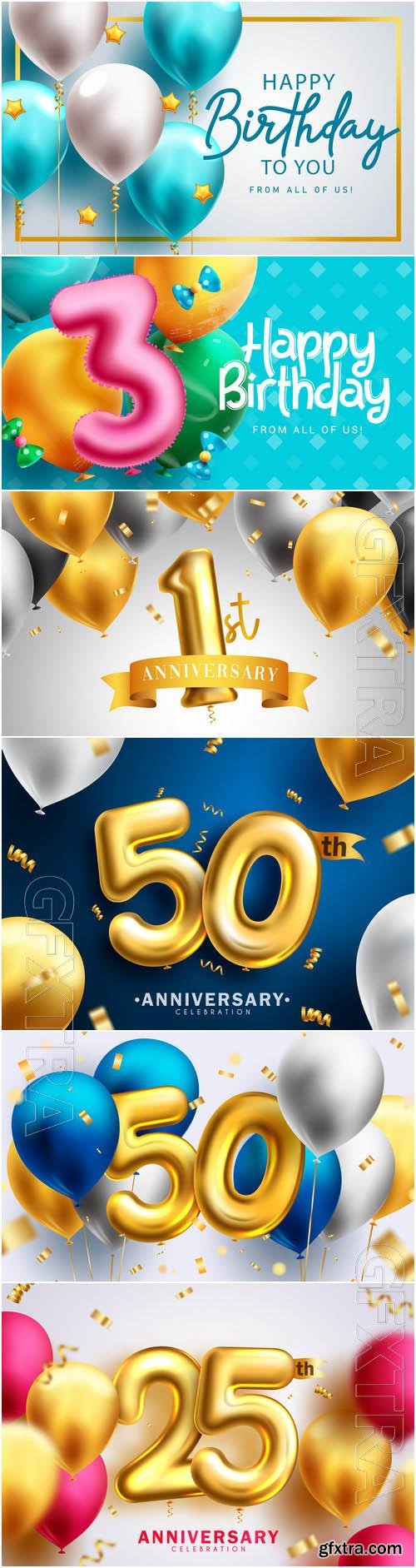 Happy Birthday Backgrounds, Balloons and Numbers 6xEPS