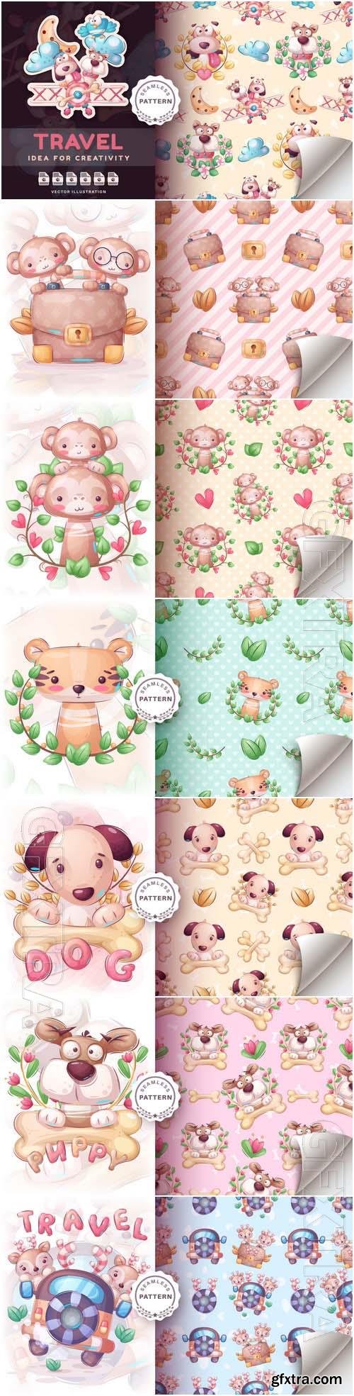 Seamless Pattern Cartoon Animals Characters 7xEPS