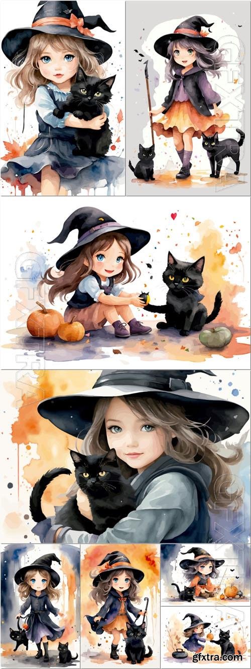 Watercolor Illustration of A Cute Little Witch a Cat 8xEPS