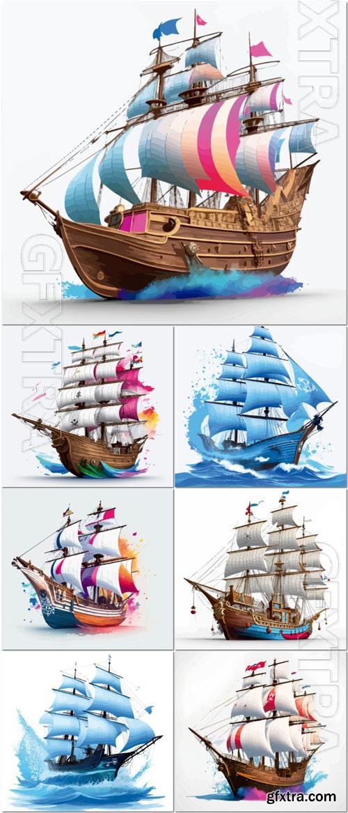 Ocean Waves Design of a Pirate Ship Illustration 7xEPS