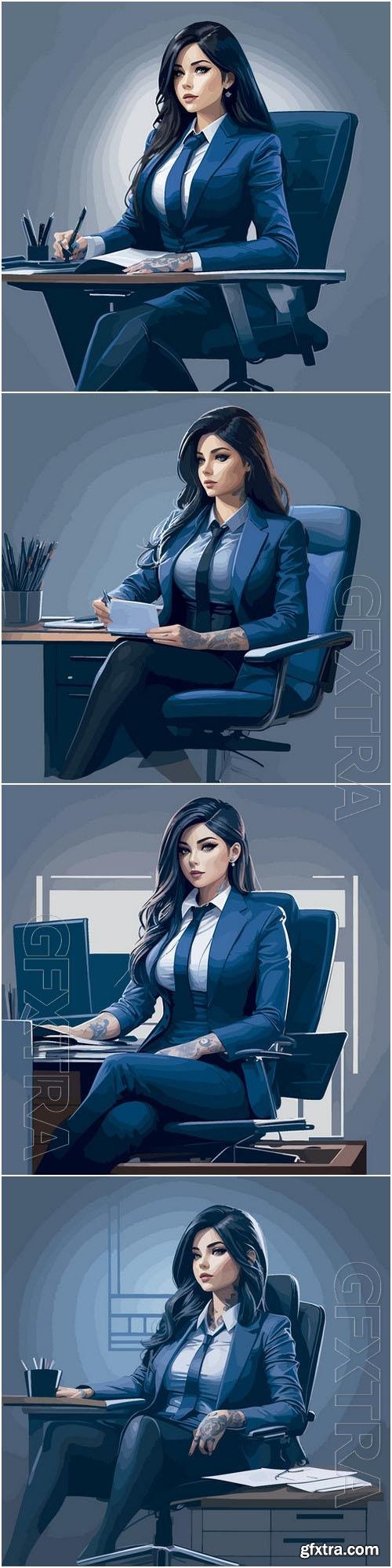 Vector Tattooed Girl Executive Sitting on Office Chair 4xEPS